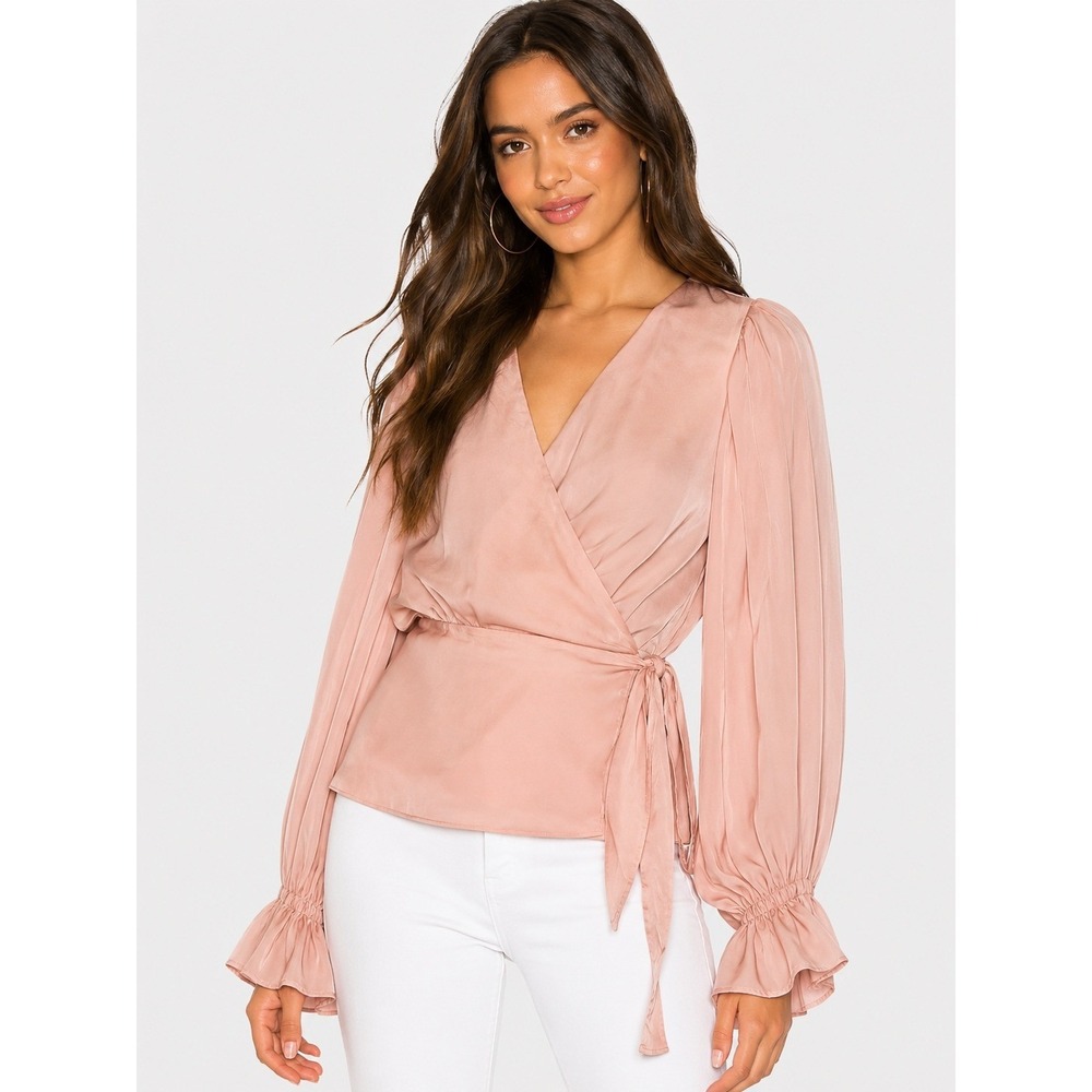 Line & Dot Peach Wrap Blouse Revolve Pink Balloon Sleeve S NEW